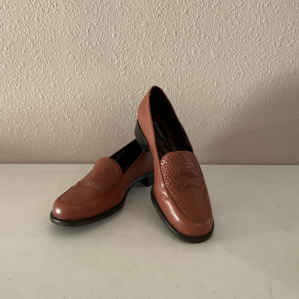 Rockport Leather Basket Weave Vamp Loafers Brown Block Heel Women’s Size 9 1/2M